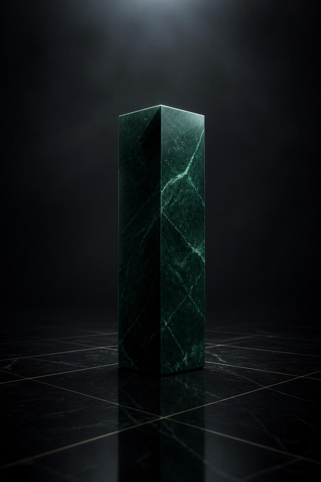 A single emerald glass monolith — the studio's symbol for focused, lasting software